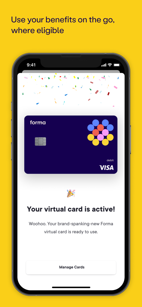 Forma: Flexible Benefit Suite  - Mobile app screen showing an active Forma virtual Visa card for employee benefits