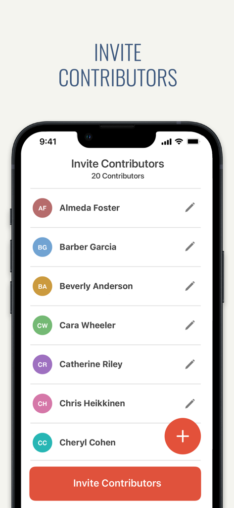 A mobile screen from the Memento app showing a list of people invited to contribute to a group video or shared album.