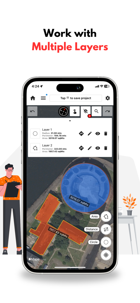 GPS Land Measurement & Survey - GPS Land Measurement app interface showing multiple layers for a circular and a polygonal area measurement on a map.