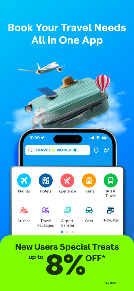 Traveloka mobile app interface showing flight and hotel booking options with a new user discount banner