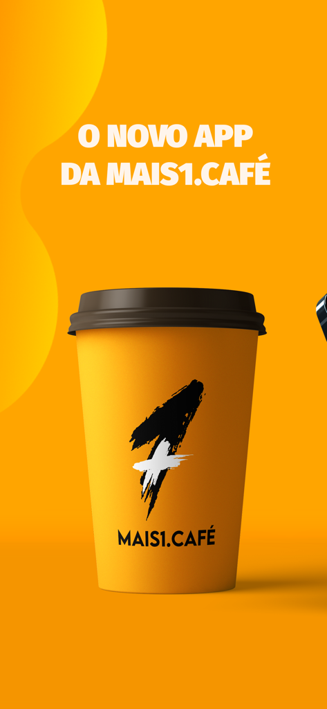 Mais1 Café - Promotional image for the Mais1 Café mobile app featuring a branded to-go coffee cup on a yellow background.