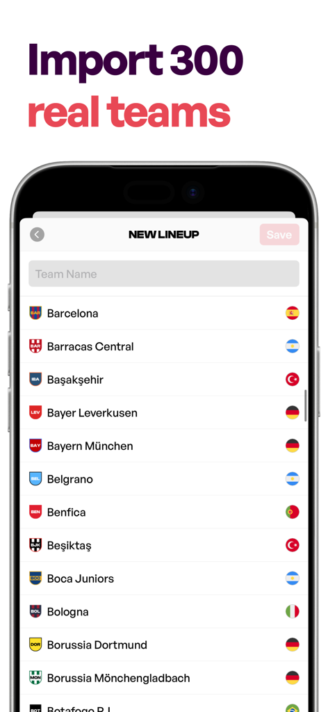 Tela de aplicativo móvel mostrando uma lista de times de futebol profissionais como Barcelona e Bayern de Munique para criação de escalações.