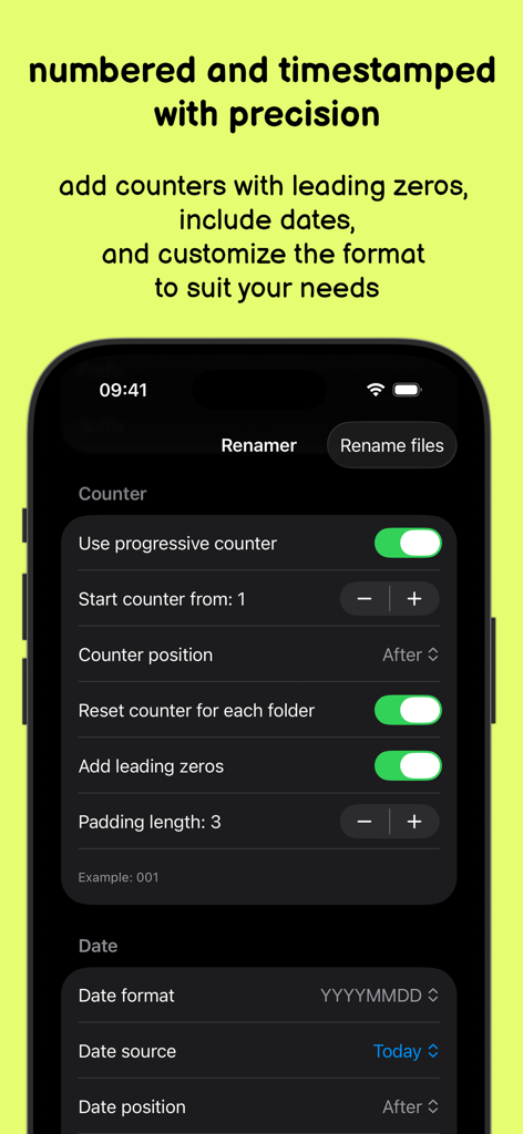 Interfaccia dell'app Renamer che mostra le impostazioni per aggiungere contatori e date ai nomi di più file