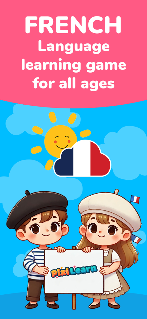 PixiLearn - French FlashCards - Aplicación de aprendizaje de idiomas francés para niños con niños de dibujos animados con boinas y un cartel de PixiLearn