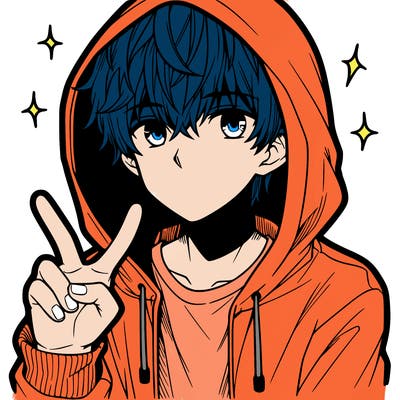 teenage manga boy in a hoodie, doing ✌