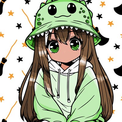 girl with anime shaped eyes with a dinosaur bucket hat oversized sweatshirt long straight hair