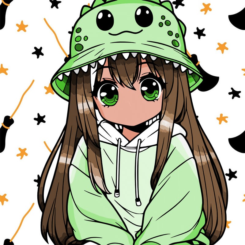 girl with anime shaped eyes with a dinosaur bucket hat oversized sweatshirt long straight hair