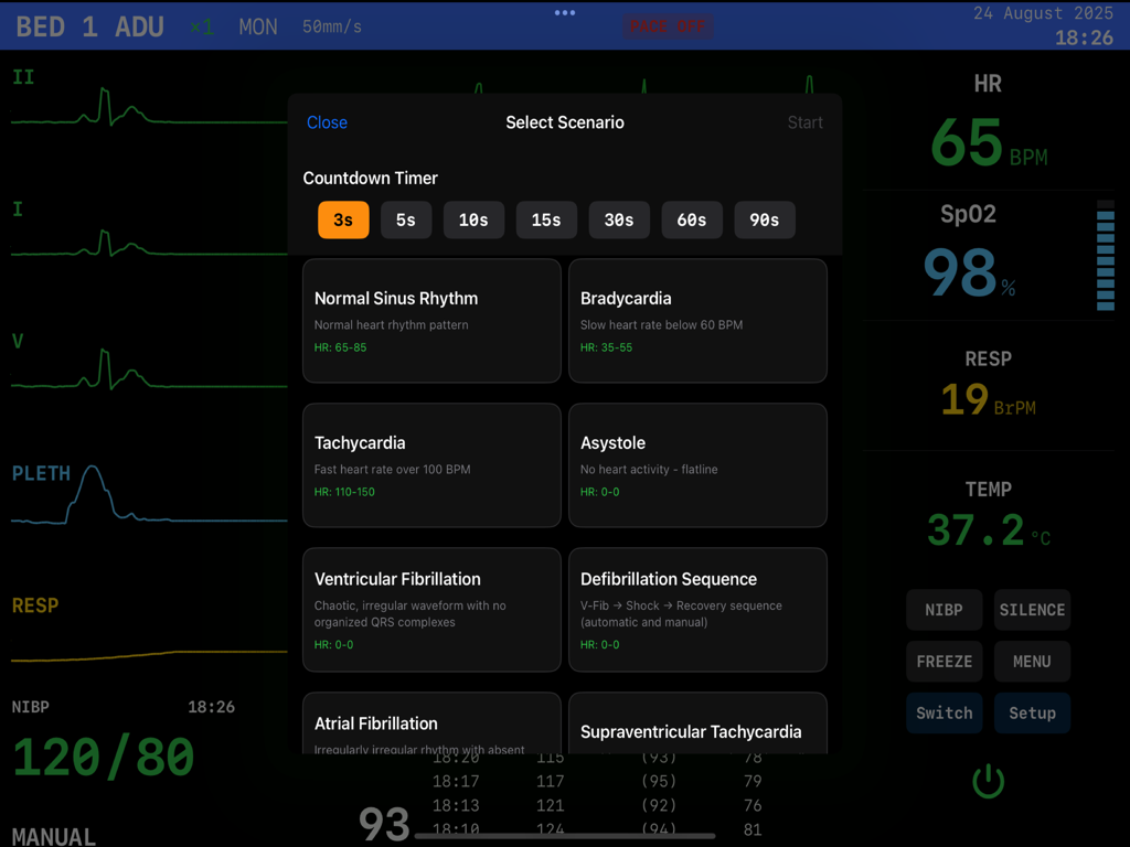 EKG Simulator - El menú de selección de escenarios en la aplicación Simulador de ECG que muestra opciones de ritmos cardíacos como bradicardia y asistolia.
