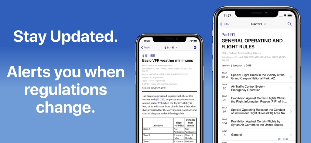 FAR/AIMアプリでの規則変更に関するアラートについての見出しとともに、FAAパイロット規則を表示する2台のiPhone