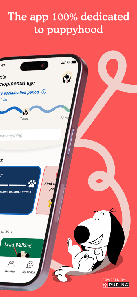 Zigzag - Dog & Puppy Training - Zigzag puppy training app interface on an iPhone showing a developmental timeline and a cartoon dog mascot against a red background.