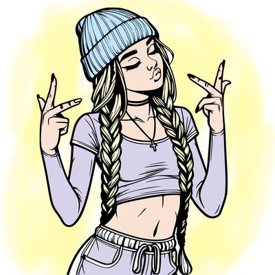 realistic teenage girl with braids and a beanie and crop top doing 🫶🏼