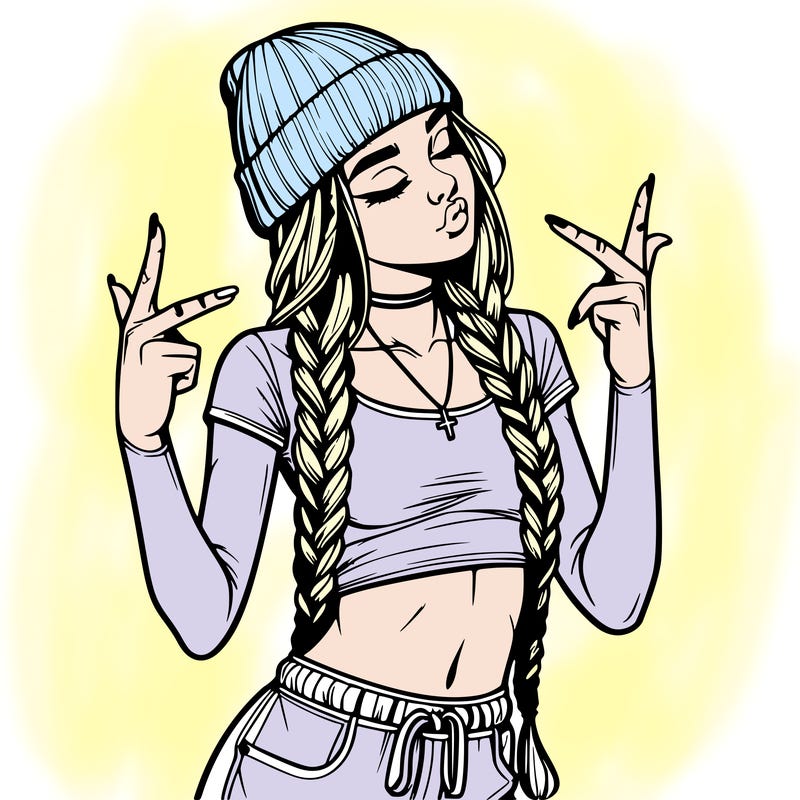 realistic teenage girl with braids and a beanie and crop top doing 🫶🏼