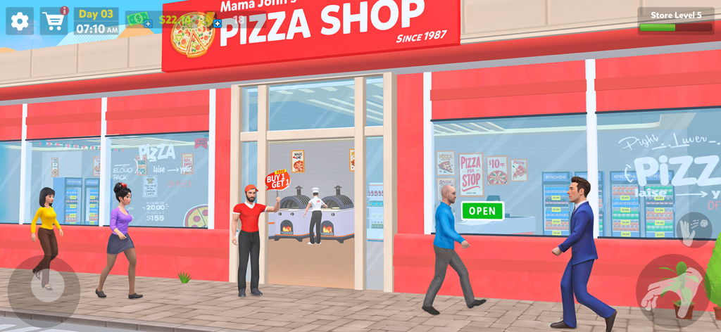 Pizza Shop Simulator 3D - Una simulación 3D de la fachada de una tienda de pizzas con personajes caminando y un miembro del personal sosteniendo un cartel promocional