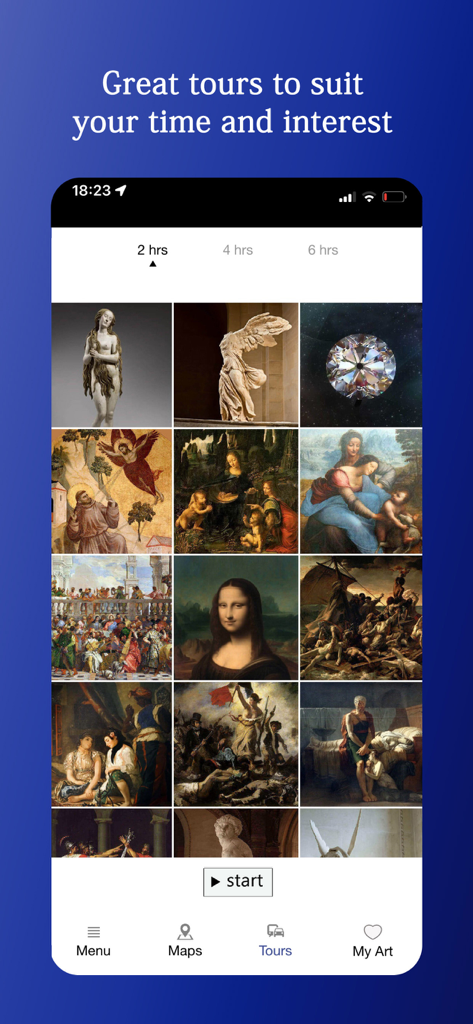 Audio Guide Louvre Museum - Mobile app interface showing Louvre museum tour duration options and famous artworks grid