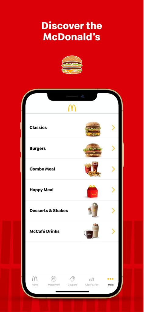 McDonald's Offers and Delivery - Smartphone screen displaying the McDonald's app menu with food categories like burgers and happy meals.