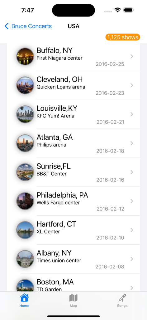 A list of Bruce Springsteen concerts in the USA showing cities venues and dates