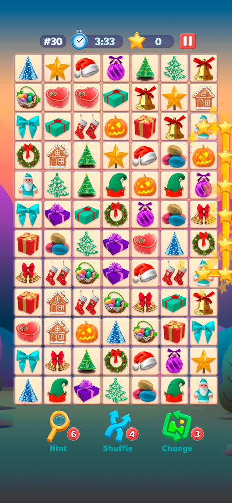 Pair Tiles: Match Puzzle 3-D - Captura de pantalla de la jugabilidad de Pair Tiles Match Puzzle 3D con iconos festivos navideños en un tablero de cuadrícula.