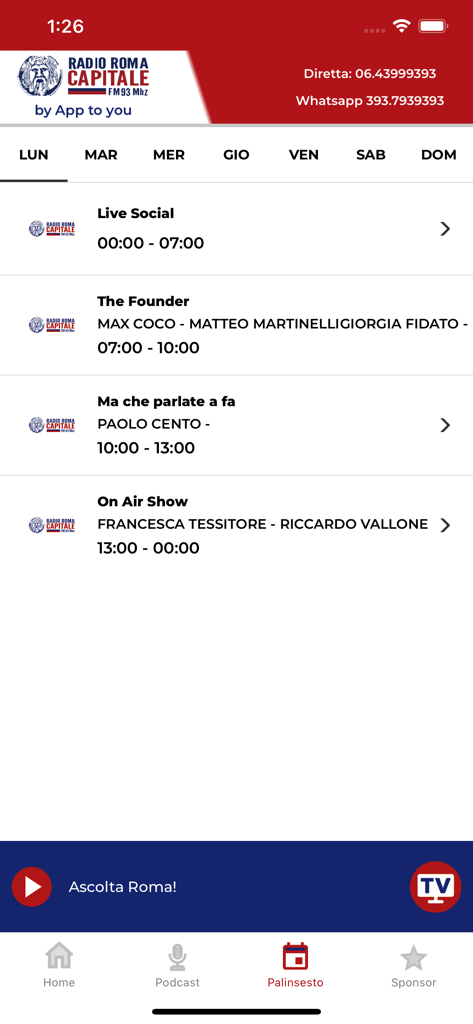 Programma settimanale delle trasmissioni di Radio Roma Capitale che mostra gli orari degli spettacoli e gli host