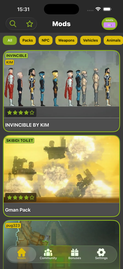 Invincible 및 Skibidi Toilet Gman Pack의 캐릭터를 특징으로 하는 Melon Sandbox용 다운로드 가능한 모드 메뉴.