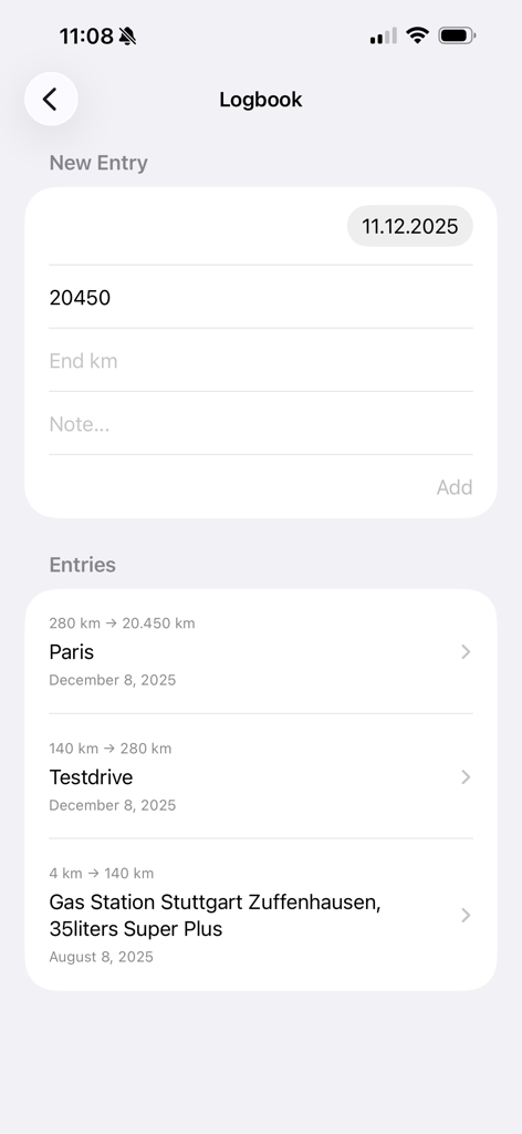 TOYZZ - Minimalist vehicle logbook screen in the TOYZZ app showing mileage tracking and trip history