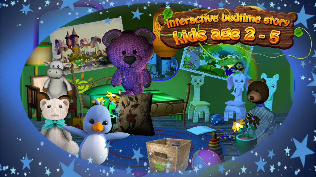 Interactive nursery scene with stuffed animals and toys for a kids bedtime story app.