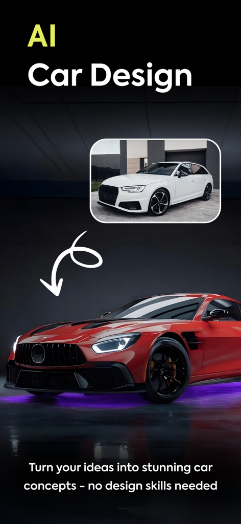 AI Car Designer Modify Style - AI app interface showing a stock white car transforming into a customized red sports car with purple underglow