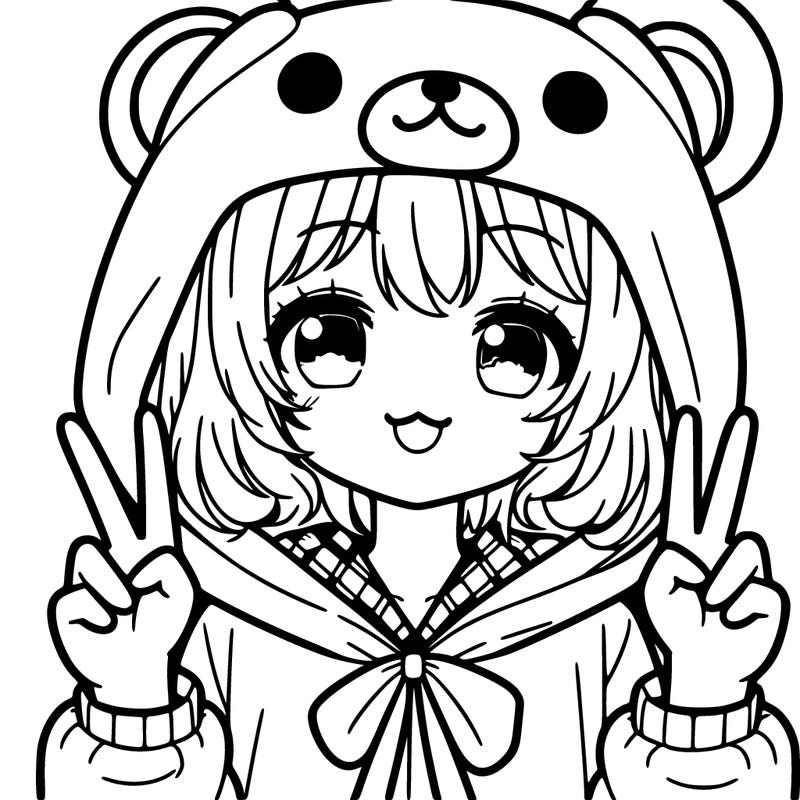 an anime girl in a kawaii bear suit holding up a peace sign