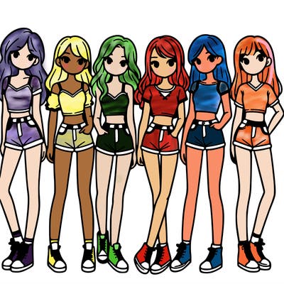 a group of girls wearing crop tops and shorts