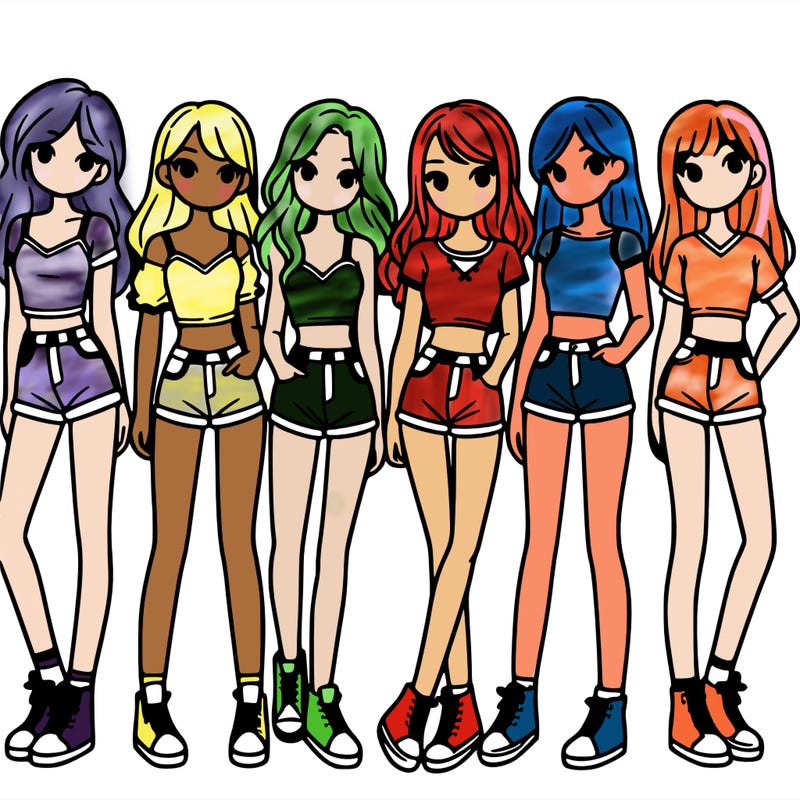 a group of girls wearing crop tops and shorts