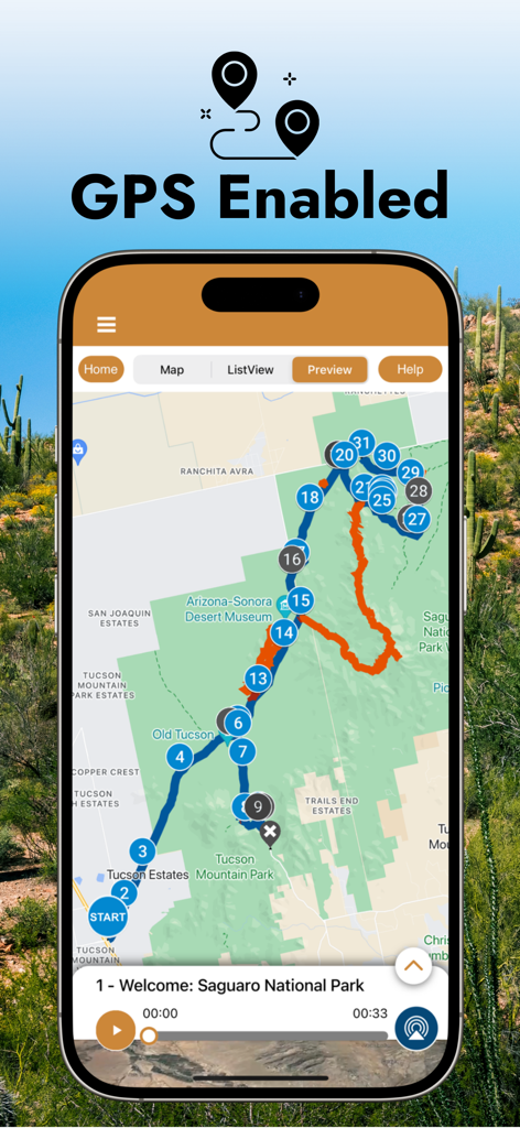 Saguaro National Park Guide - Saguaro National Park Guide app showing a map with GPS navigation and audio tour stops