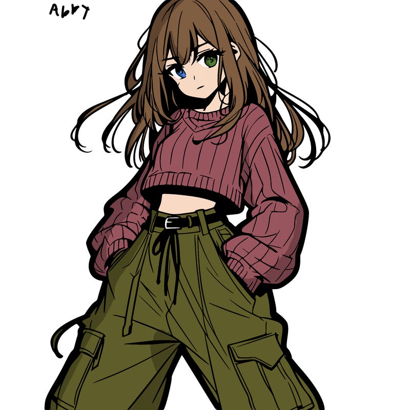 anime teen girl with baggy pants and crop top with sweater