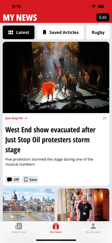 My London Newsアプリのスクリーンショットで、ウェストエンドの劇場での抗議に関する地域ニュース記事が表示されています