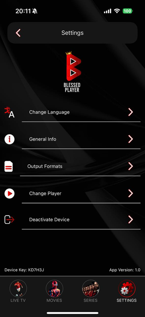 Menu de configurações do aplicativo Blessed Player mostrando opções de idioma e configurações de reprodução de mídia.