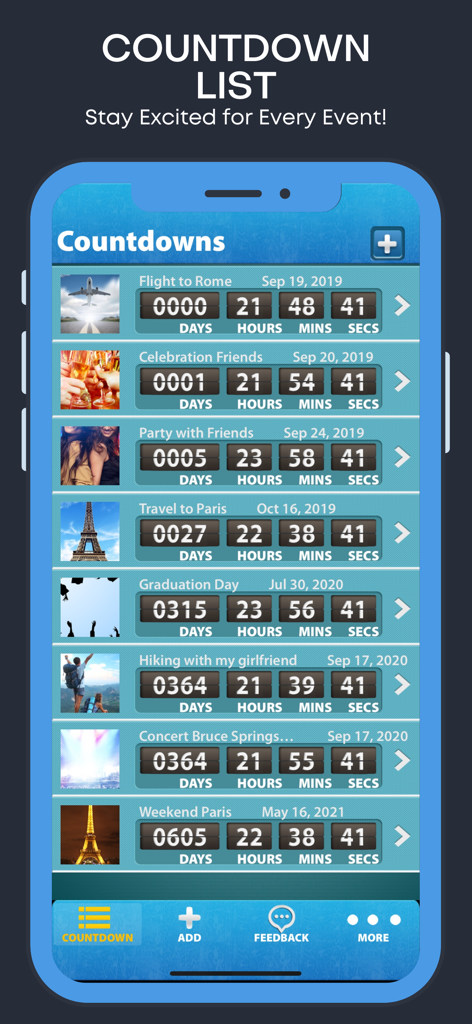 Holiday and Vacation Countdown - Mobile app screen displaying a list of multiple countdowns for travel, graduation, and social events