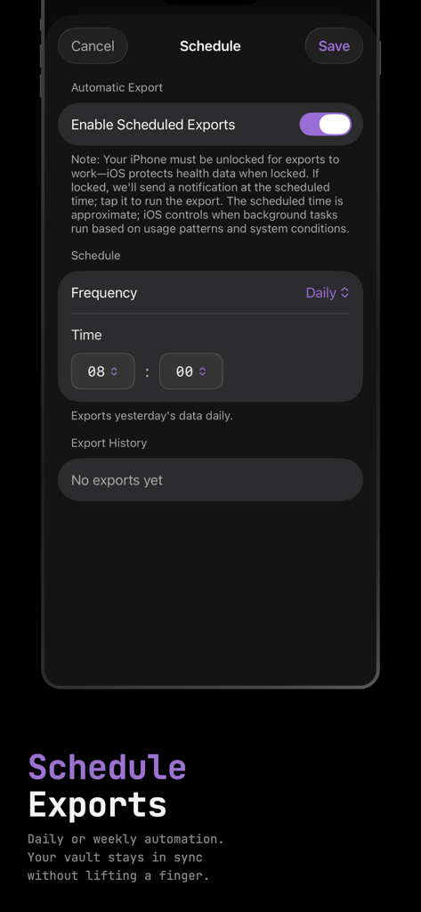 Interface of the Health.md app showing settings for daily automated health data exports to a markdown vault.