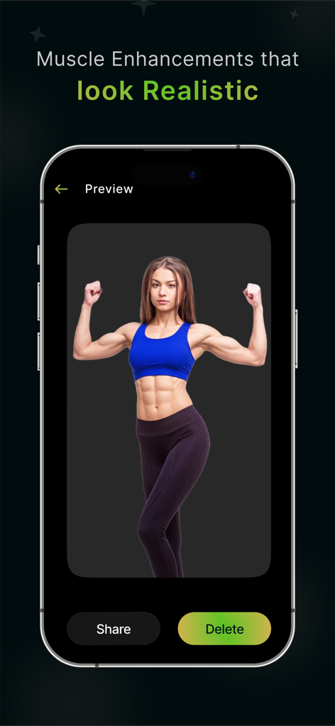 AI Muscle filter: Giga AI Body - A smartphone screen showing a woman with AI-enhanced muscles and the text Muscle Enhancements that look Realistic