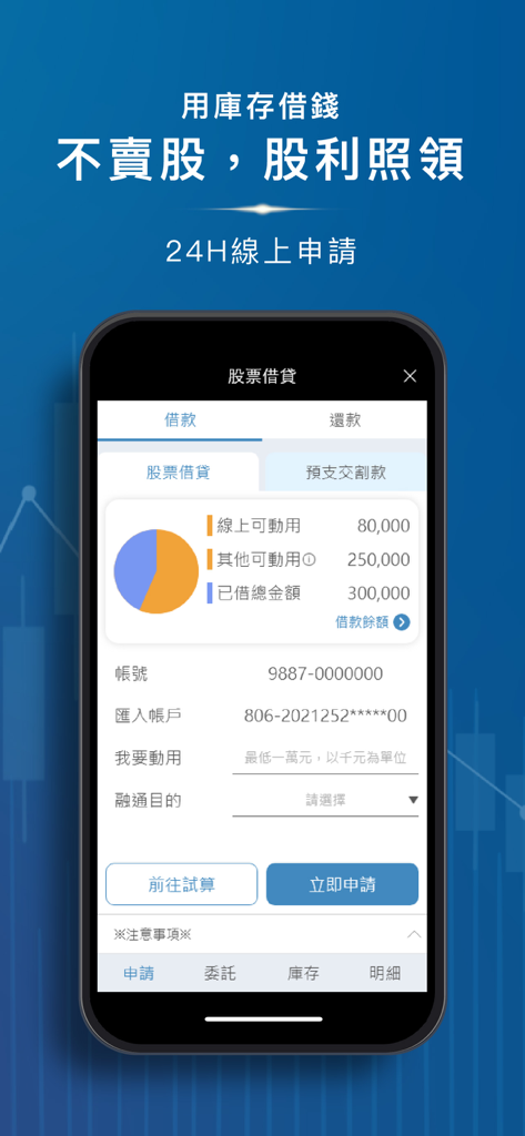 Interface do aplicativo Yuanta Investidor Sr. mostrando o recurso de empréstimo de ações e a tela de solicitação online.