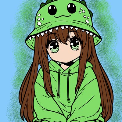 girl with anime shaped eyes with a dinosaur bucket hat oversized sweatshirt long straight hair