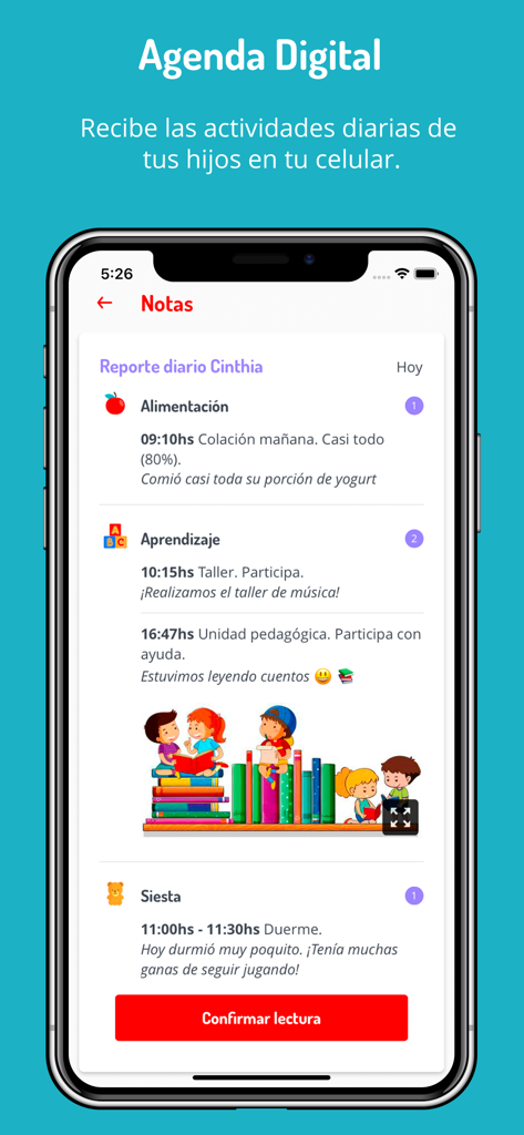 Interfaccia dell'app Cuaderno Rojo che mostra un report giornaliero digitale per le attività scolastiche