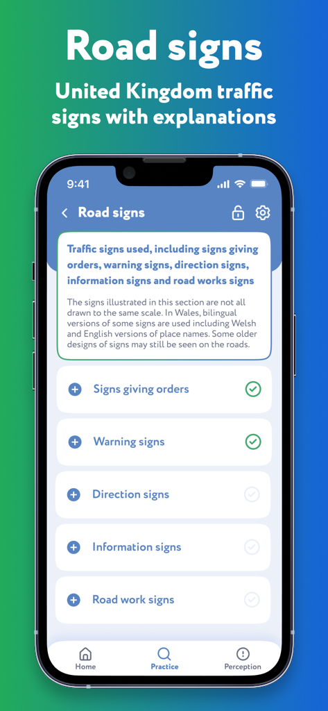 Driving Theory Test Kit – 2025 - Lista de categorias de sinais de trânsito na interface do aplicativo de teste de teoria de condução do Reino Unido