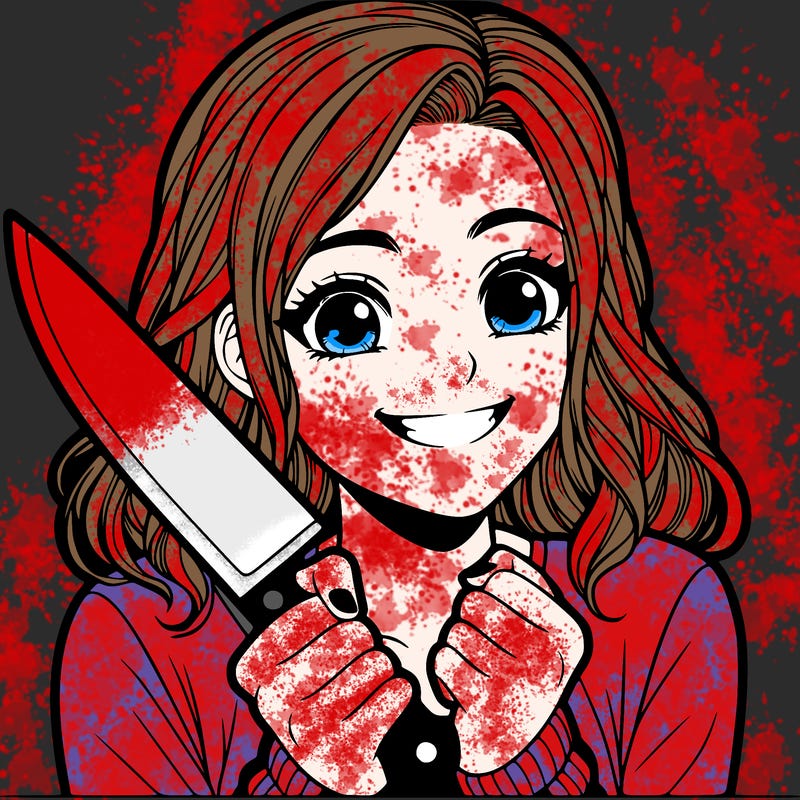 a realistic girl holding a knife and grinning