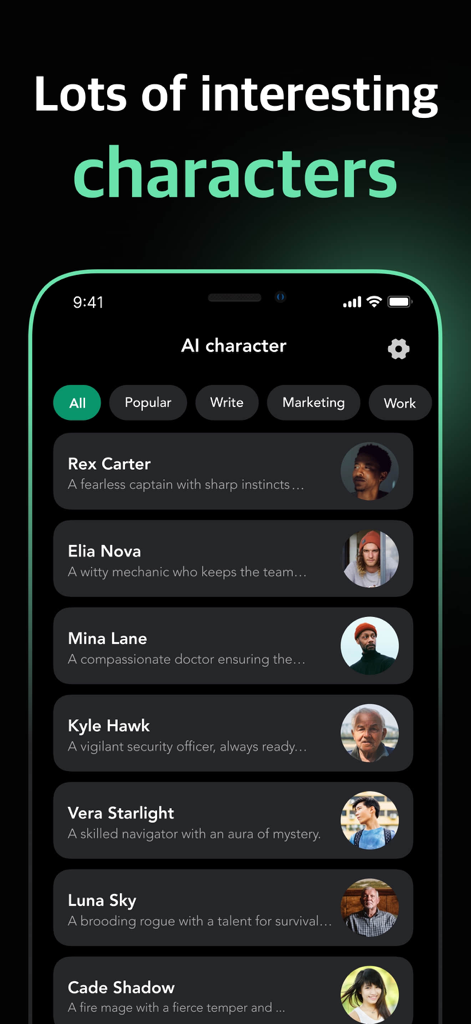 Interfaz de aplicación móvil que muestra una lista de diversos personajes de IA con nombres y descripciones únicos para chatear de forma interactiva