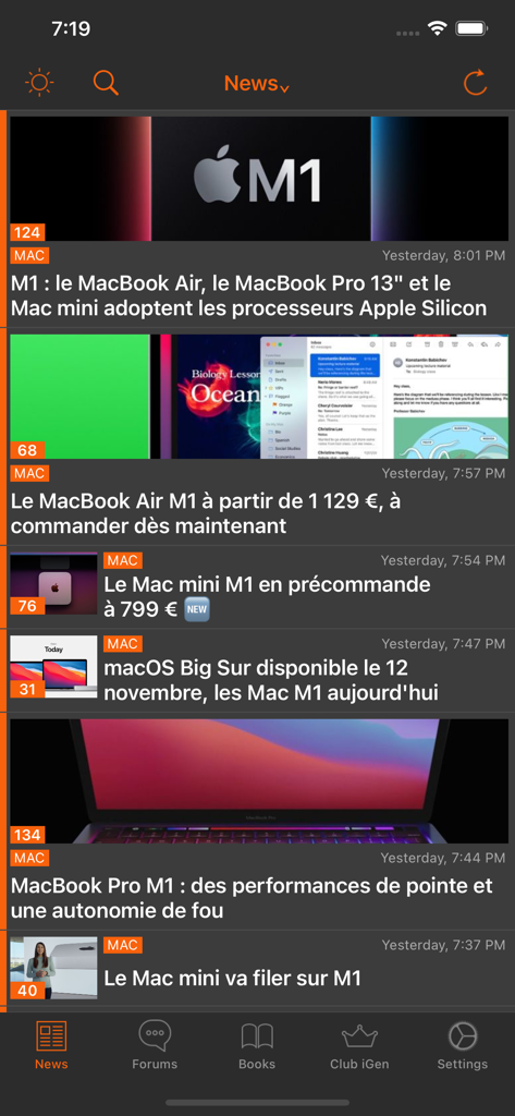 The iGeneration mobile app news feed featuring articles on Apple Silicon M1 chips and Mac updates in dark mode.