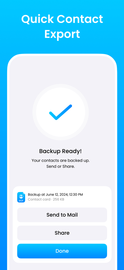 Successful contact backup screen with options to send to mail or share