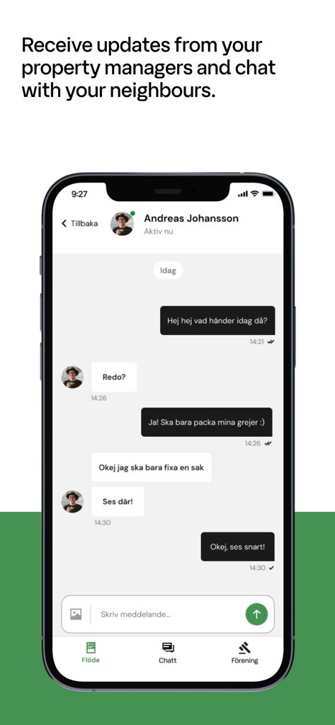 Boappa - Captura de pantalla de la aplicación Boappa que muestra una conversación de chat privada entre dos vecinos en una comunidad residencial.