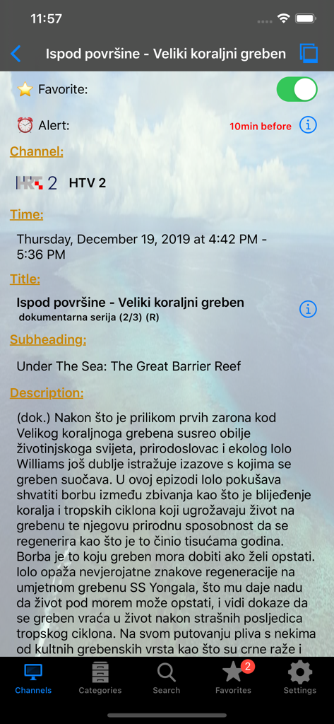Croatian TV+ - Program details screen of the Croatian TV+ app displaying schedule and description for a documentary on HTV 2