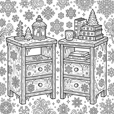 Escape into a charming winter scene with this delightful coloring page featuring two snow-dusted nightstands. Adorned with festive decorations and intricate snowflakes, it promises hours of cozy creativity.