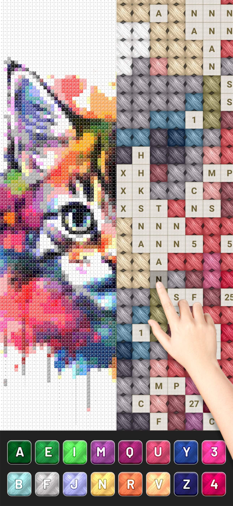 Cross Stitch: Pixel Art - Aplicación de punto de cruz digital que presenta un gato de pixel art colorido y una cuadrícula de costura de colorear por número