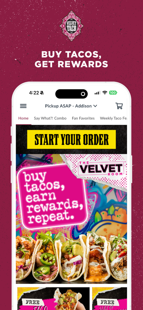 Velvet Taco - Velvet Taco mobile app interface showing the Velvet Room loyalty program and start order button