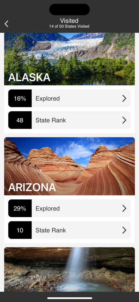 Écran de l'application Fotospot montrant les États américains visités avec des pourcentages d'exploration et des classements par État